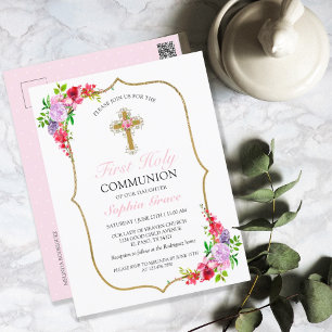Girls Elegant Rosa Blommigt First Heliga Communion Vykort