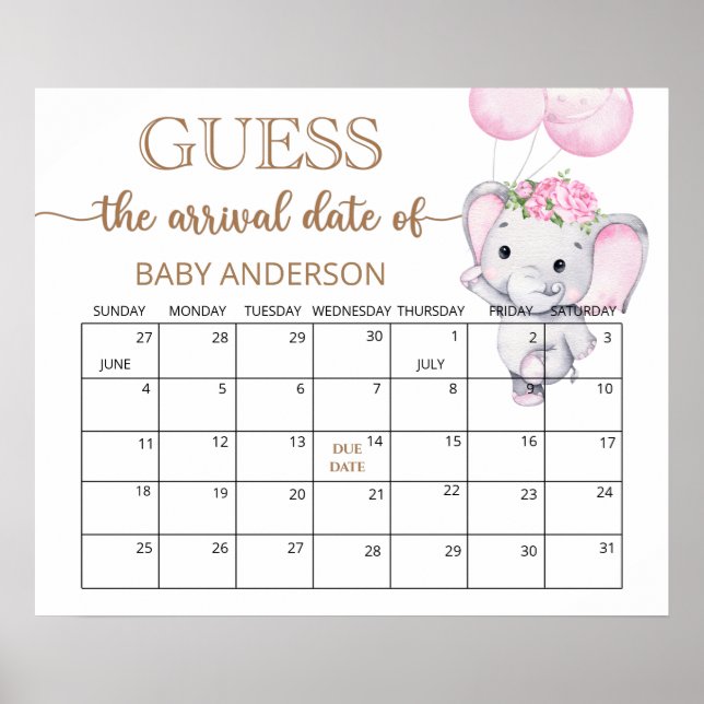 Girl's Elephant & Flower Guess Due Date Calendar Poster (Framsidan)