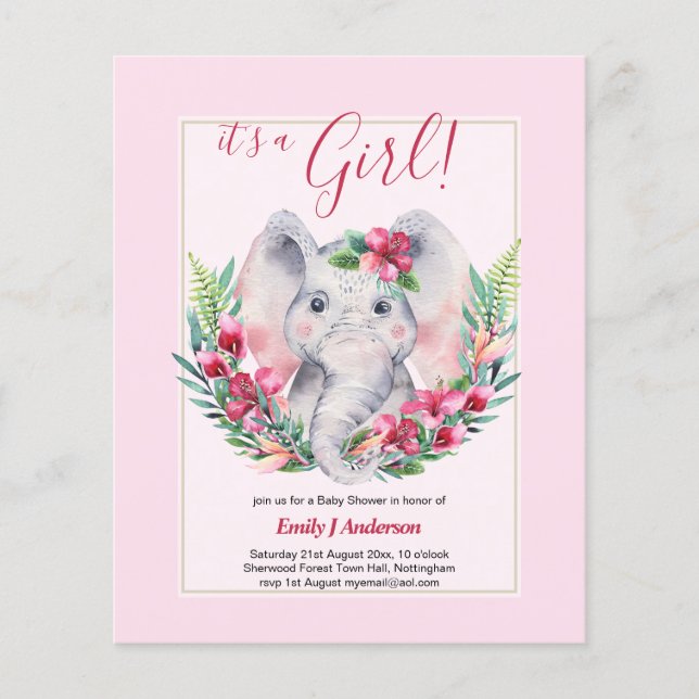 GIRLS Elephant Flowers Baby Shower GENDER REVEAL Flygblad (Framsidan)