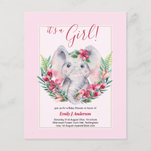 GIRLS Elephant Flowers Baby Shower GENDER REVEAL Flygblad