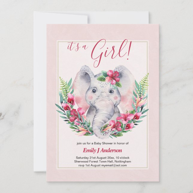 GIRLS Elephant Flowers Baby Shower GENDER REVEAL Inbjudningar (Framsida)