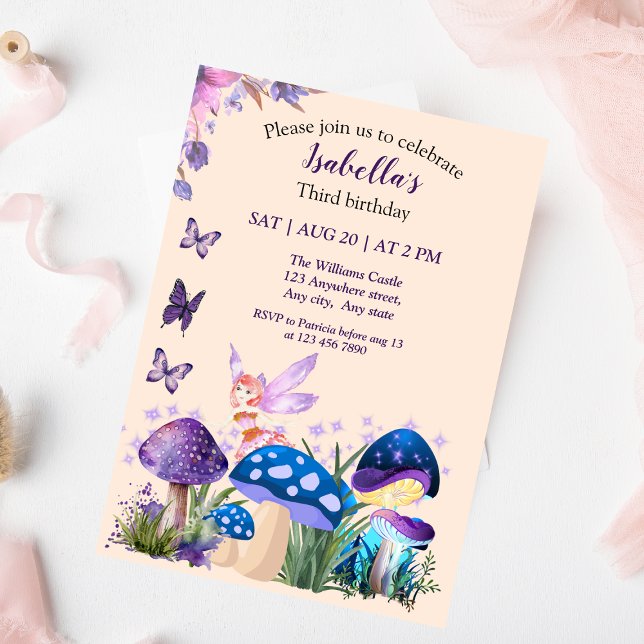 Girls Fairy Lila Mushroom Butterfly Birthday Inbjudningar (Skapare uppladdad)
