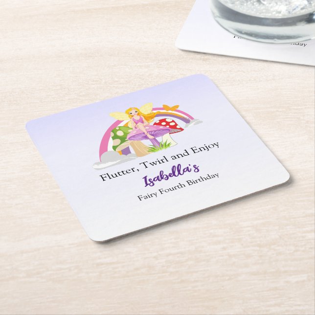 Girls Fairy Mushroom Rainbow Birthday  Underlägg Papper Kvadrat (Vinklad)