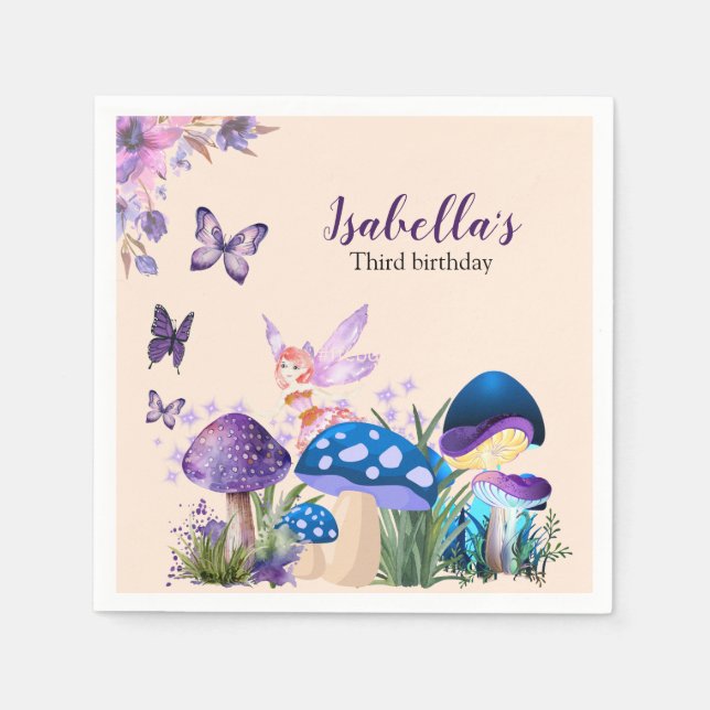 Girls Fairy Purple Mushroom Butterfly Birthday Pappersservett (Framsidan)