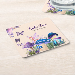 Girls Fairy Purple Mushroom Butterfly Birthday Underlägg Papper Kvadrat