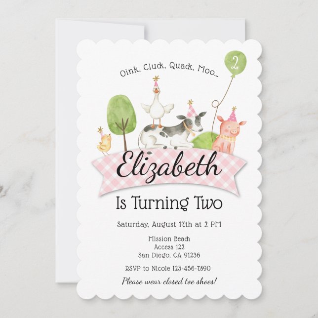 Girls Farm Barnyard Födelsedagsfest inbjudan (Framsida)
