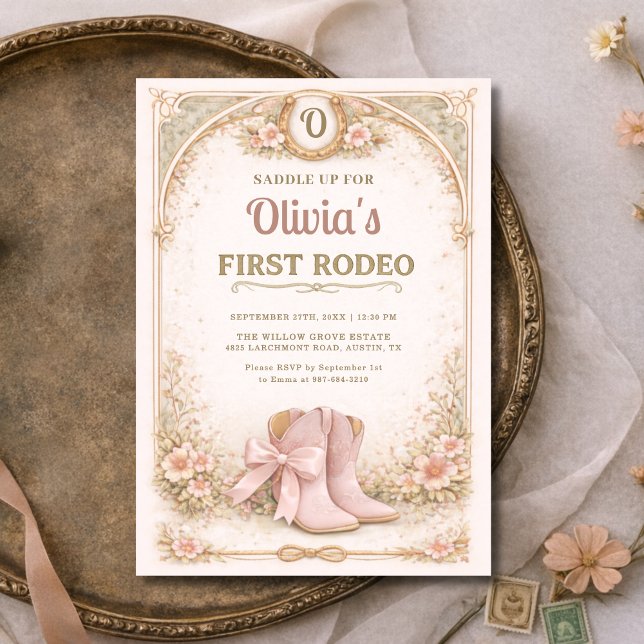 Girl's First 1st Rodeo Pink Bow Birthday Inbjudningar (Skapare uppladdad)