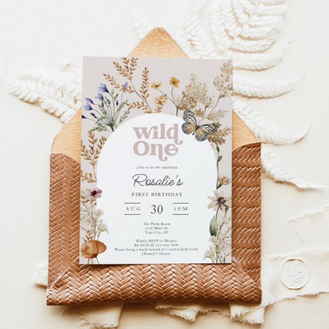 Girl's First Birthday Wild One Wildflower Inbjudningar (Girl's Wildflower First Birthday Invitation)
