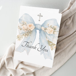 Girl's First Communion Blue Floral Bow Thank You Tack Kort
