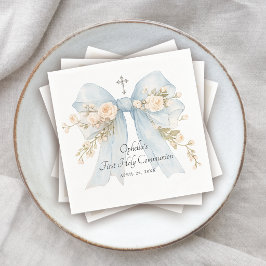 Girl's First Communion Dusty Blue Floral Bow Pappersservett