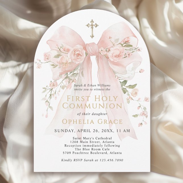 Girl's First Communion Pink Floral Bow Arched Inbjudningar (May be ordered in both printed and instant download digital formats.)