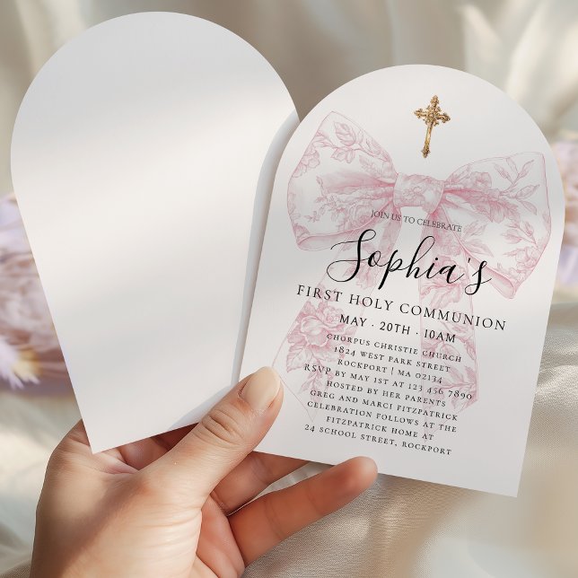 Girl's First Communion Pink Toile Bow Cross Arch Inbjudningar (Skapare uppladdad)