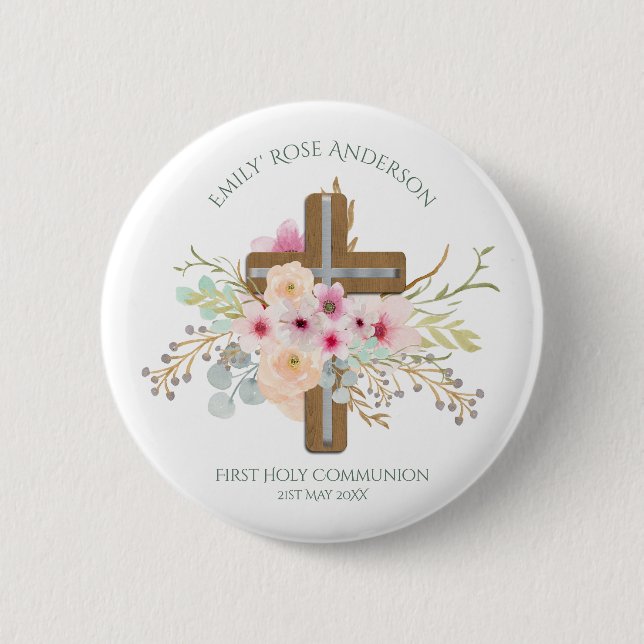 Girls First Heliga Communion Blommigt Kor Anpassad Knapp (Framsida)