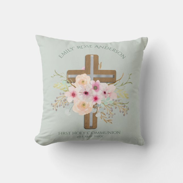 Girls First Heliga Communion Blommigt Kor Anpassad Kudde (Framsida)