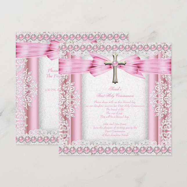 Girls First Heliga Communion Kor Söt Rosa Inbjudningar (Fram/baksida)
