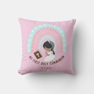 Girls First Heliga Communion Rainbow Caricature Kudde