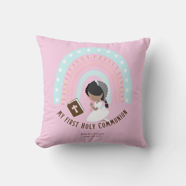 Girls First Heliga Communion Rainbow Caricature Kudde (Framsida)
