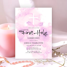 Girls First Heliga Communion Soft Rosa Watercolor Inbjudningar