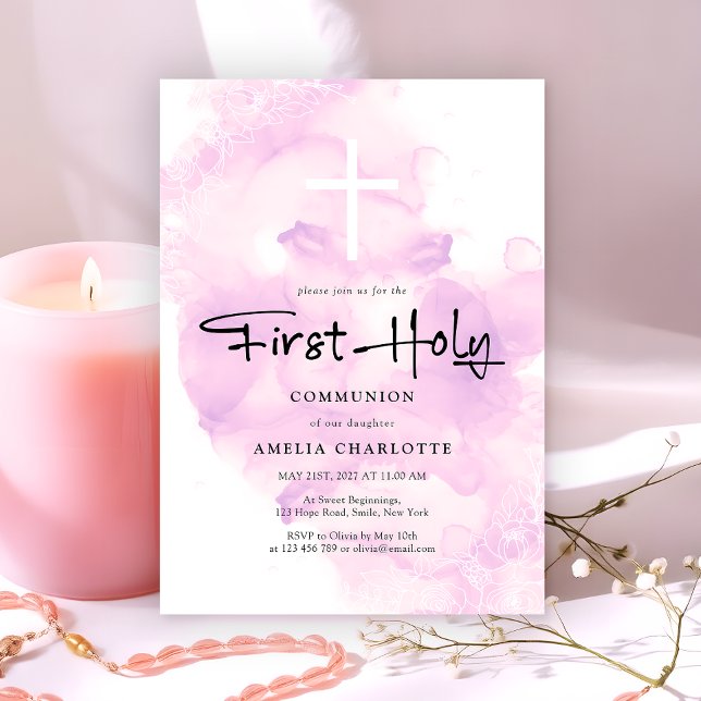 Girls First Heliga Communion Soft Rosa Watercolor Inbjudningar (Skapare uppladdad)