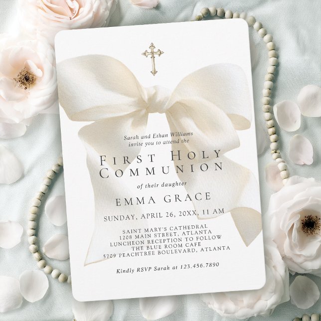 Girl's First Holy Communion Elegant Ivory Bow Inbjudningar (Invitation may be ordered in both printed and digital formats.)