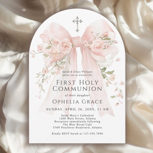 Girl's First Holy Communion Pink Floral Bow Arched Inbjudningar (May be ordered in both printed and instant download digital formats.)