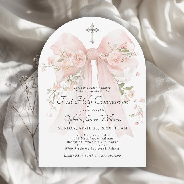 Girl's First Holy Communion Pink Floral Bow Inbjudningar (Available in both printed and instant download digital formats.)