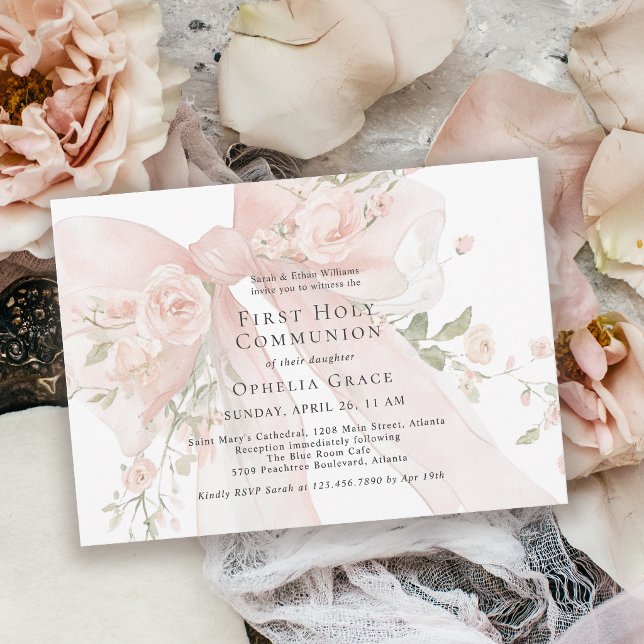Girl's First Holy Communion Pink Floral Bow Inbjudningar (Invitation may be ordered in both printed and instant download digital formats.)