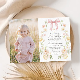Girl's First Holy Communion Pink Floral Bow Photo Inbjudningar