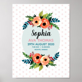 Girls Flowers Cute Blommigt Birth Stats Baby Nurse Poster