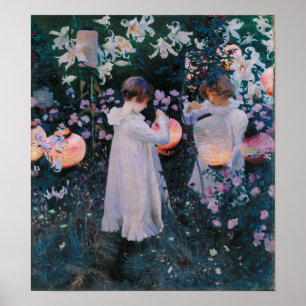 Girls Flowers Lanterners Classic Vintage Fine Art Poster
