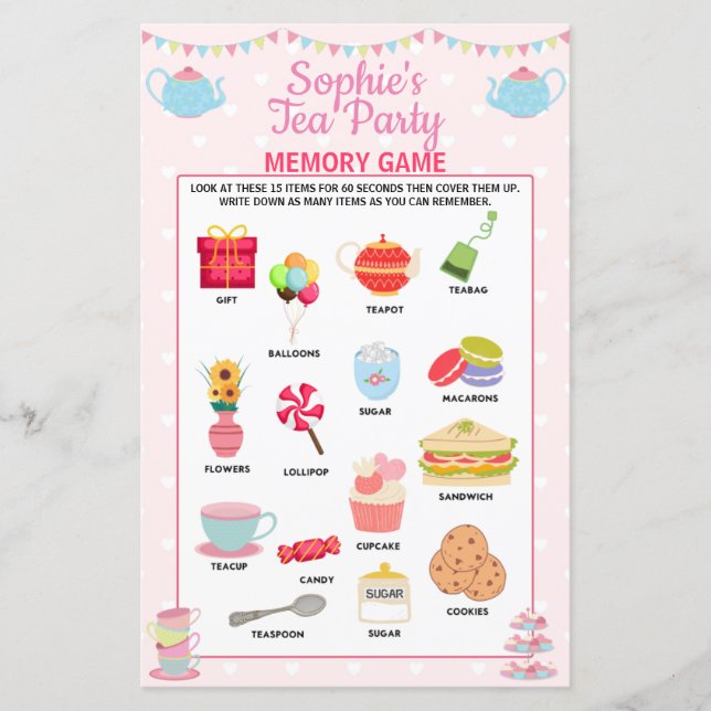 Girls födelsedag Tea Party Memory Game (Framsida)