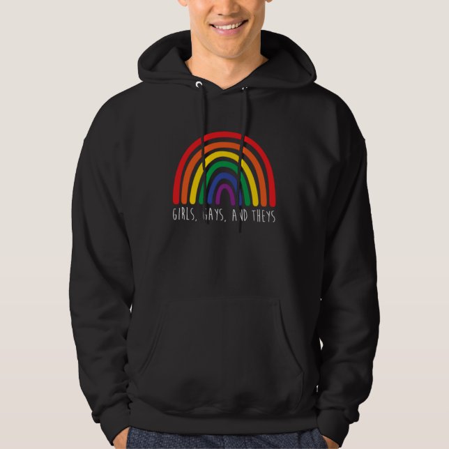 Girls Gays and Theys Rainbow LGBT Trans Rights Pro Hoodie (Framsida)