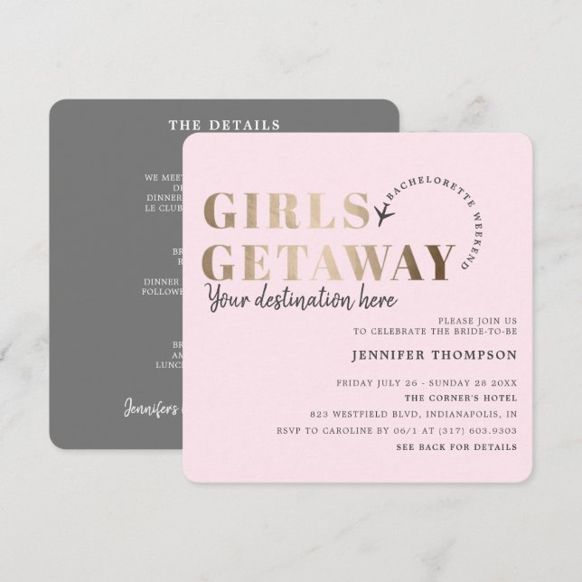 Girls Getaway  & Guld Bachelorette Helg Inbjudningar (Fram/baksida)