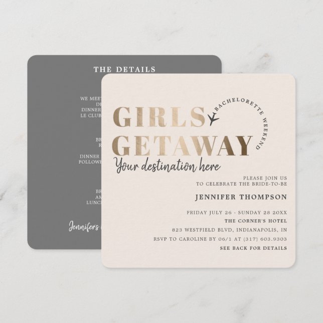 Girls Getaway Taupe & Guld Bachelorette Helg Inbjudningar (Fram/baksida)