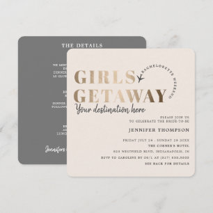 Girls Getaway Taupe & Guld Bachelorette Helg Inbjudningar