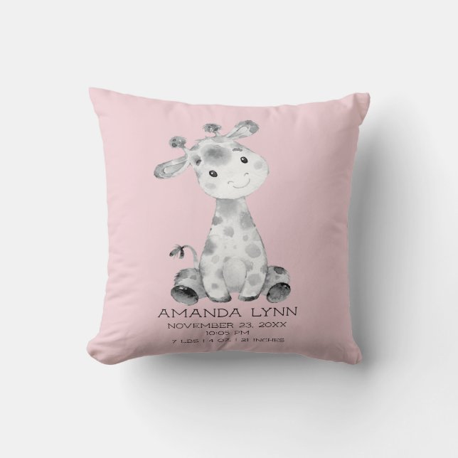 Girls Giraffe Baby Birth Stats Pillow Kudde (Framsida)