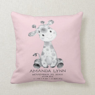Girls Giraffe Baby Birth Stats Pillow Kudde