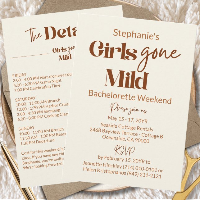 Girls Gone Mild Chic Bachelorette Beach Weekend Inbjudningar (Custom Girls Gone Mild Elegant Brown Ivory Bachelorette Slumber Party Weekend Itinerary Invitation)