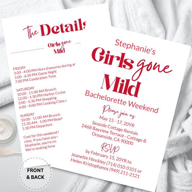 Girls Gone Mild Classic Bachelorette Beach Weekend Inbjudningar (Customized Elegant Calligraphy Girls Gone Mild White Bachelorette Beach Weekend Itinerary Invitation)