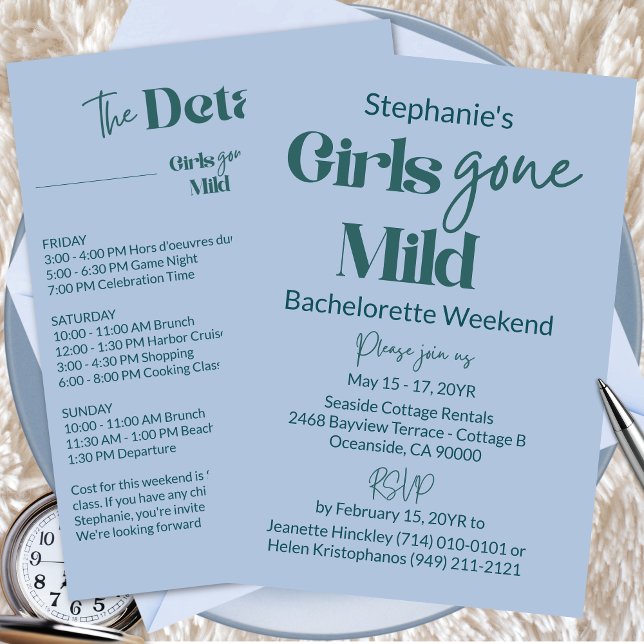 Girls Gone Mild Teal Bachelorette Beach Weekend Inbjudningar (Customizable Girls Gone Mild Modern Teal Blue Bachelorette Spa Weekend Itinerary Invitation)