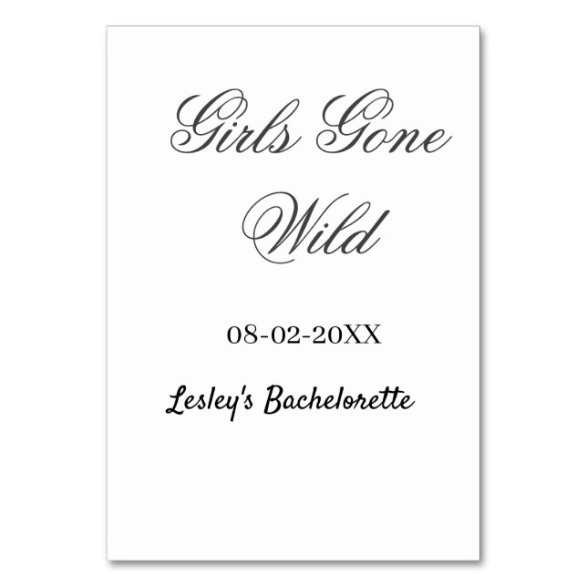 Girls Gone wild Bachelorette party name date bride Bordsnummer (Framsidan)
