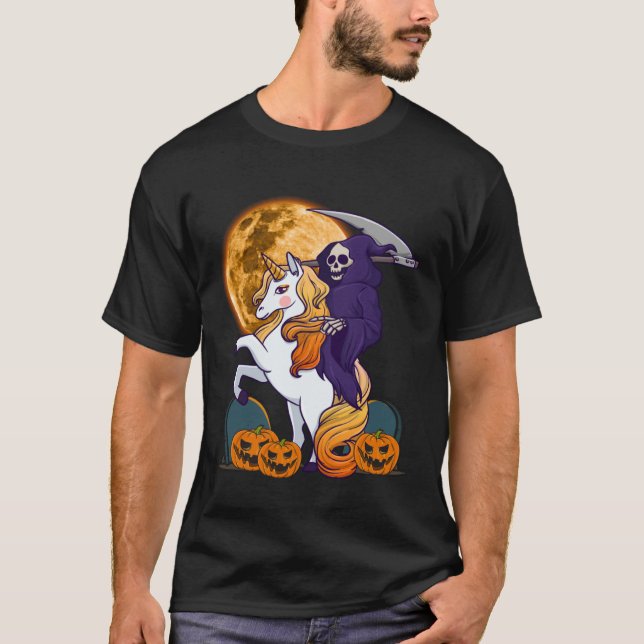 Girls Grim Reaper Riding a Unicorn Spooky Hallowee T Shirt (Framsida)