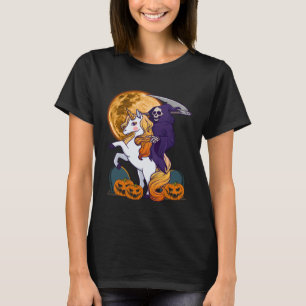 Girls Grim Reaper Riding a Unicorn Spooky Hallowee T Shirt