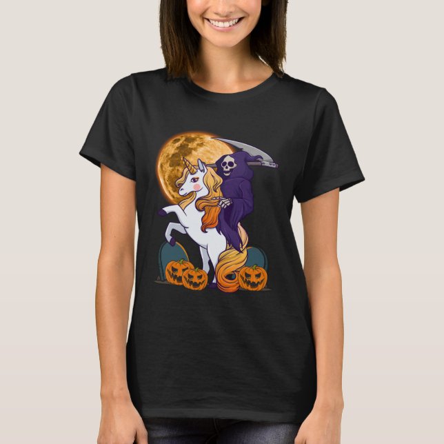 Girls Grim Reaper Riding a Unicorn Spooky Hallowee T Shirt (Framsida)