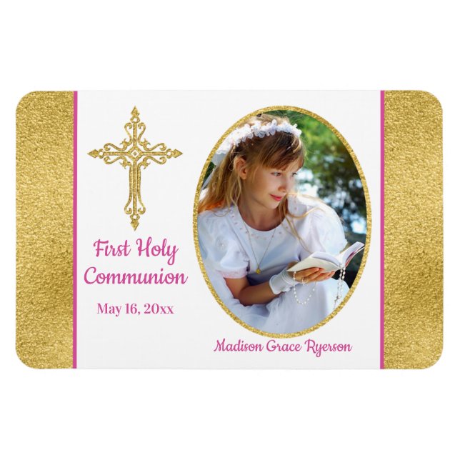 Girls Guld White Rosa Heliga Communion Photo Magne Magnet (Horisontell)