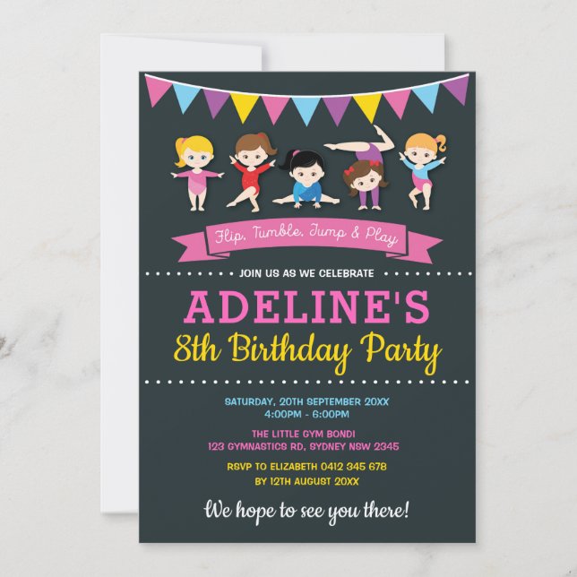 Girls Gymnastic Birthday Gym Party Rosa Chalkboard Inbjudningar (Framsida)