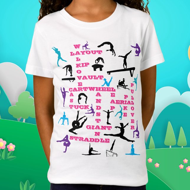 Girls Gymnastics Crossword / Ord Search Gymnast T Shirt (Master Every Move – The Ultimate Gymnastics Tee! 🤸‍♀️🔥)