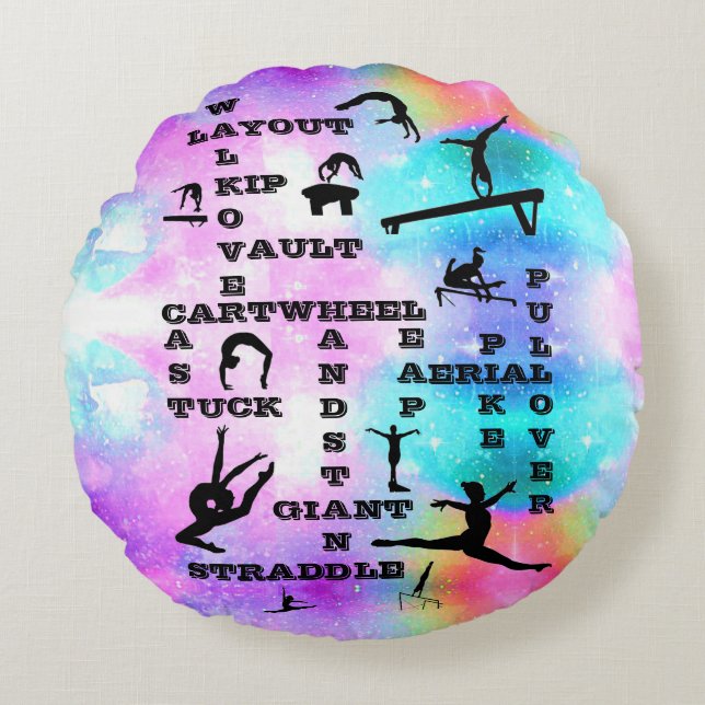 Girls Gymnastics Crosswords Round Pillow Rund Kudde (Framsidan)