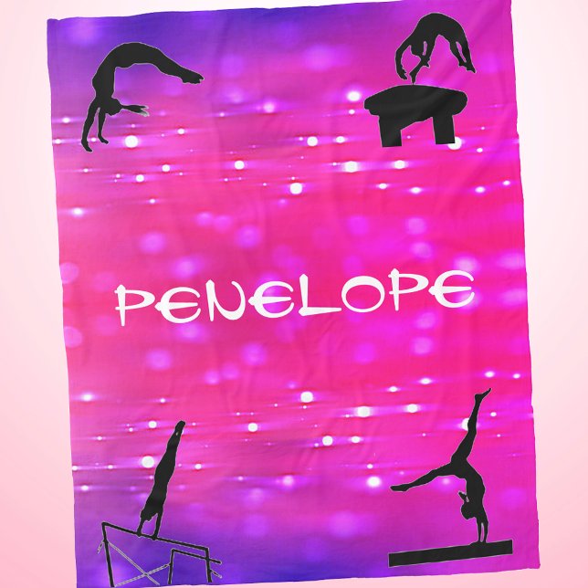 Girls Gymnastics Events Rosa / Lila Blanket Fleecefilt (Pink and Purple Gymnastics Events Blanket with Name)