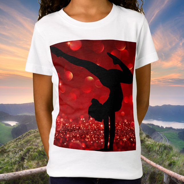 Girls Gymnastics Handstand Red Shimmer T Shirt (Girls Gymnastics T-Shirt)